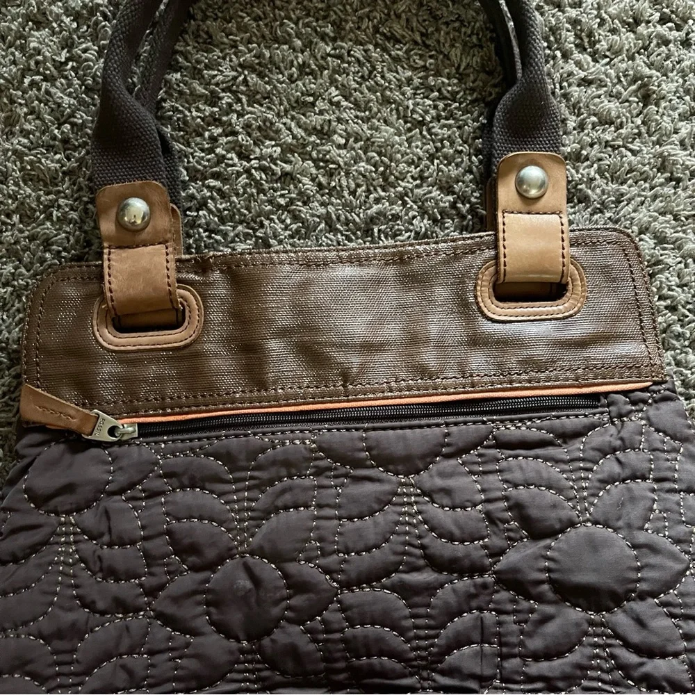 Fossil KeyPer Quilted Brown Leather Trim Tote Shoulder Bag Purse Cottagecore SEE - Picture 8 of 16